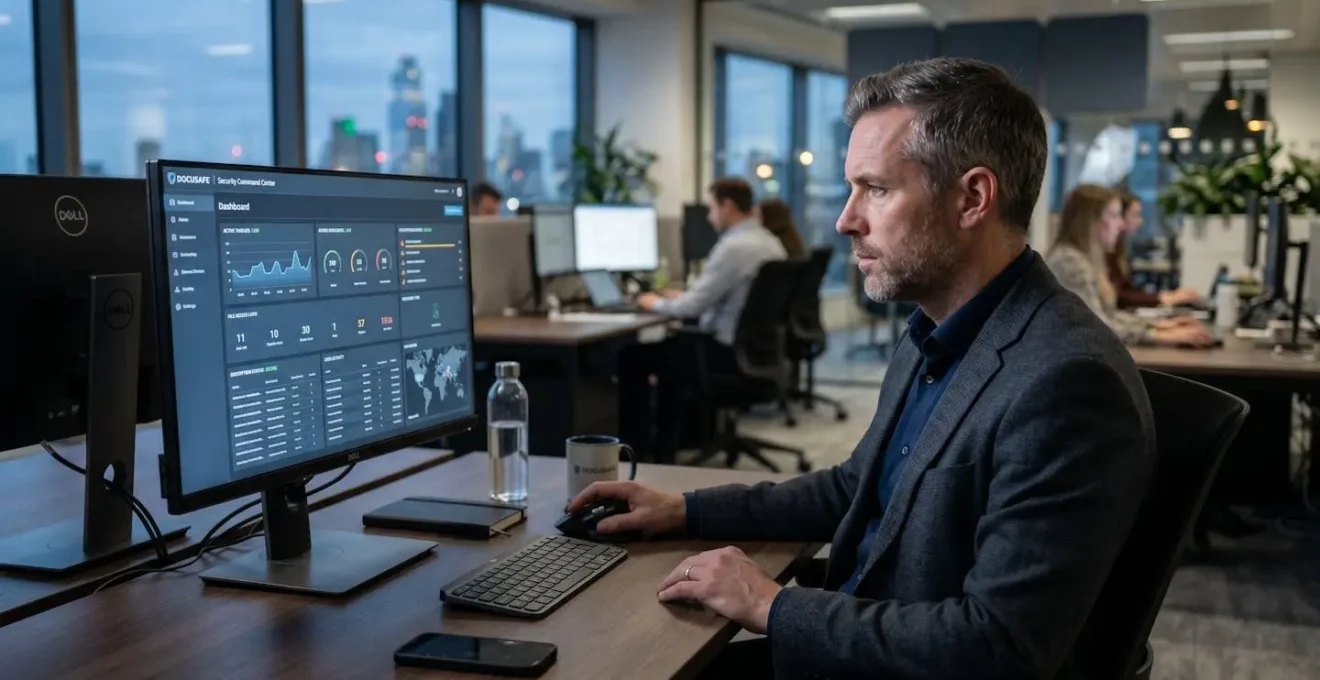 Professionnel vérifiant la conformité d'un envoi recommandé électronique sur un écran dans un espace de travail moderne