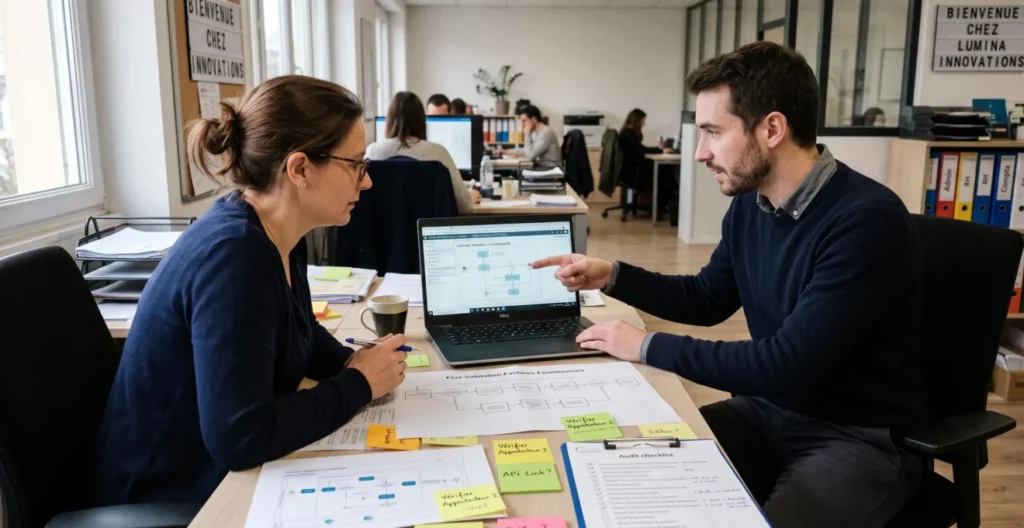 Un consultant intégrateur explique à une responsable de bureau la configuration d'un workflow documentaire lors d'un audit sur site