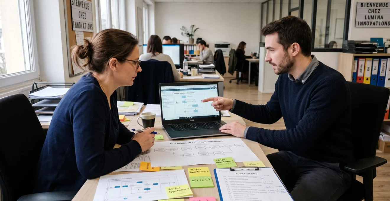 Un consultant intégrateur explique à une responsable de bureau la configuration d'un workflow documentaire lors d'un audit sur site