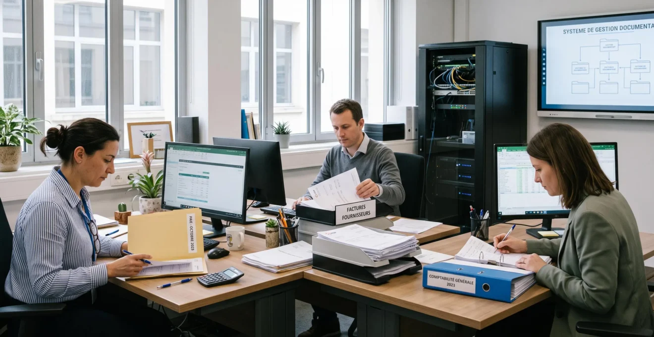 Trois collaborateurs d'une PME traitent simultanément des documents RH, des factures fournisseurs et des dossiers comptables dans un bureau ouvert équipé d'un serveur