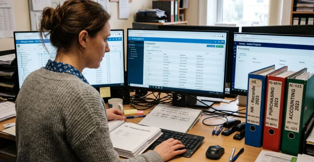 Une gestionnaire compare sur plusieurs écrans trois interfaces documentaires distinctes, avec des classeurs RH, achats et comptabilité posés à côté d'un bloc-notes