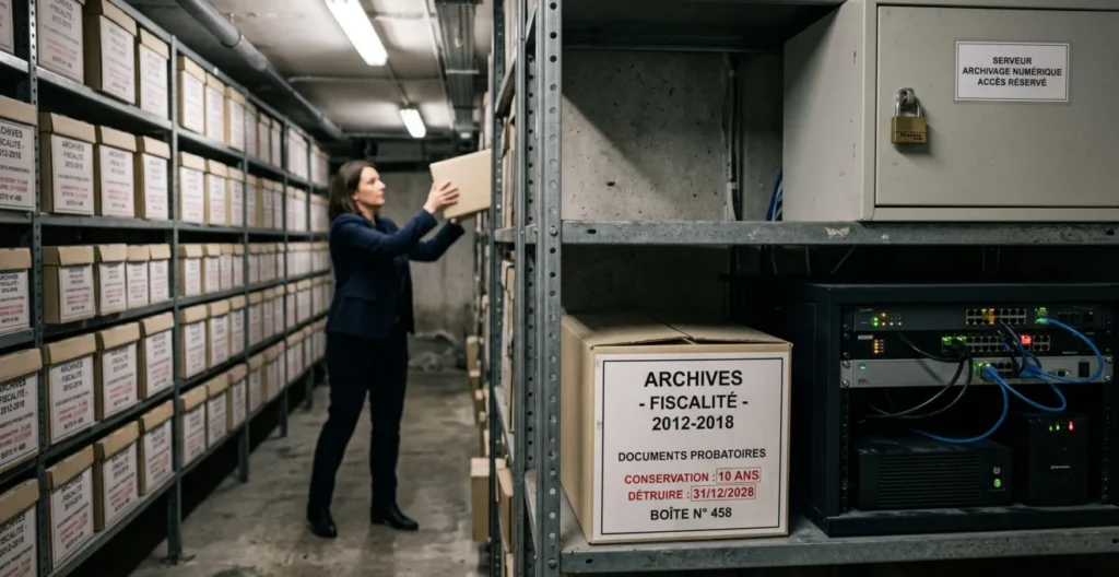 Une responsable des archives range une boîte d'archivage dans une pièce de conservation équipée d'étagères métalliques et d'un rack serveur
