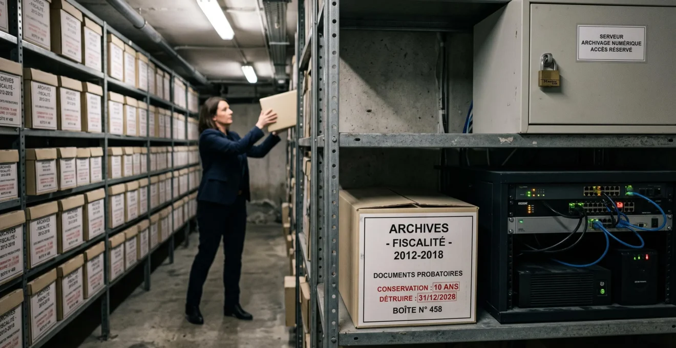 Une responsable des archives range une boîte d'archivage dans une pièce de conservation équipée d'étagères métalliques et d'un rack serveur