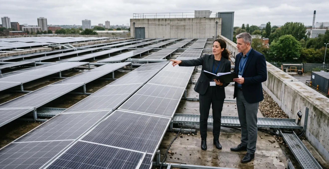 Un directeur financier et un banquier observent des panneaux solaires sur le toit d'un bâtiment industriel.