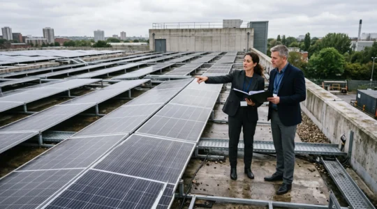 Un directeur financier et un banquier observent des panneaux solaires sur le toit d'un bâtiment industriel.