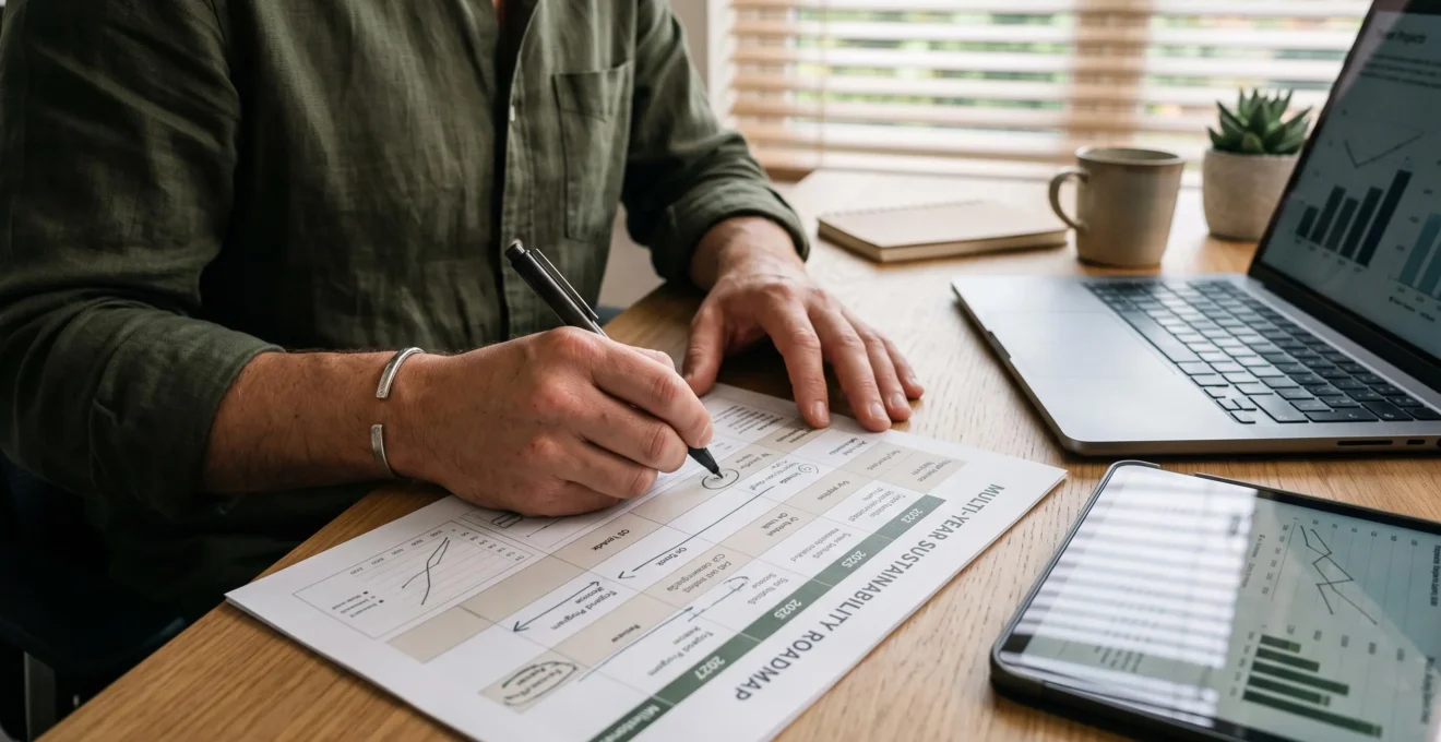 Une responsable développement durable annote une feuille de route pluriannuelle à son bureau.